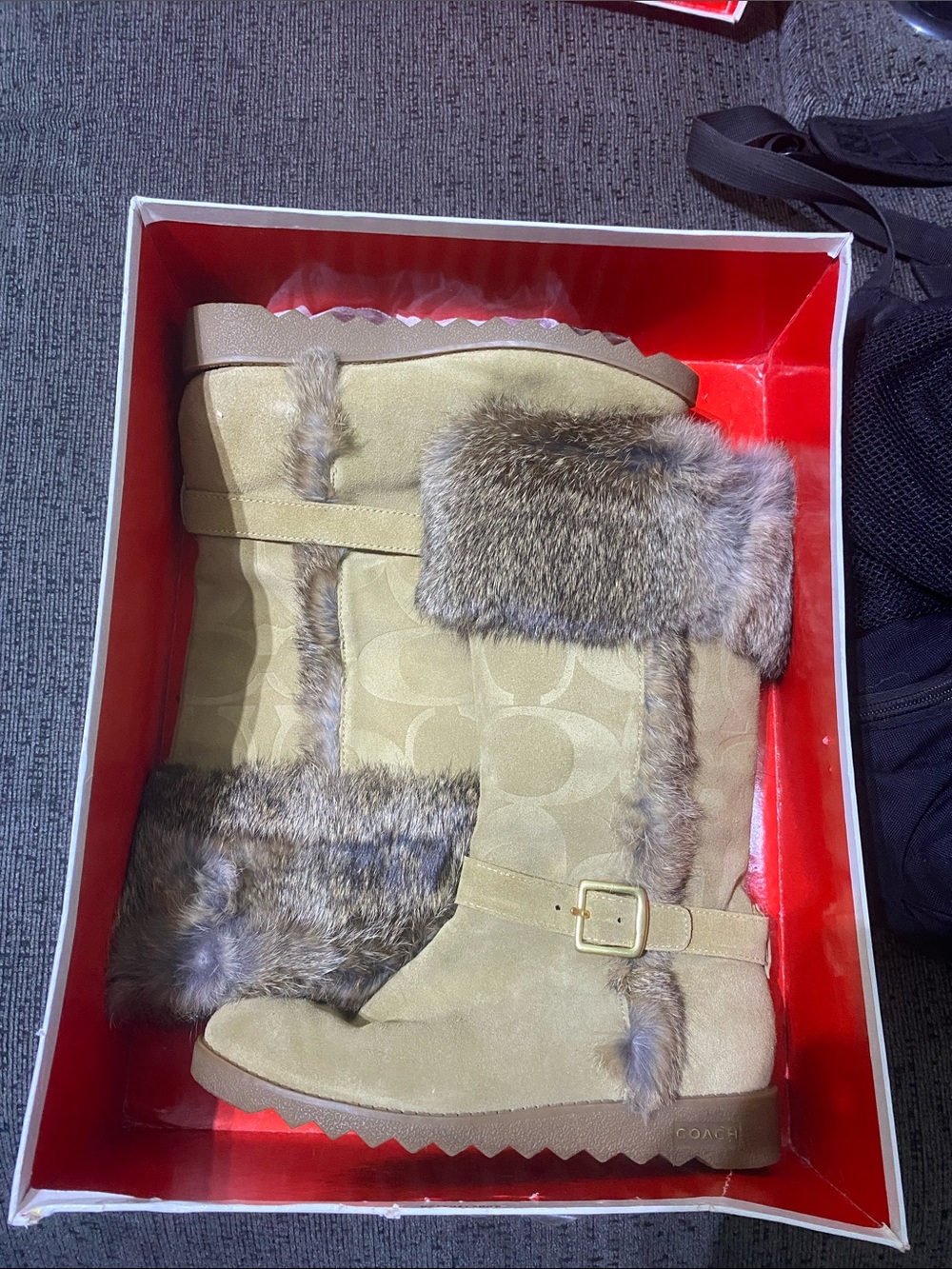 NIB Y2K Coach Deeann Tan Suede Fur-Trim Mid-Calf Boots with Signature Pattern